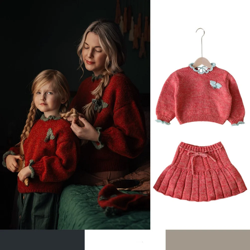 in Stock Girls' Outfit Russian Blackberry Knitted Sweater Pants Skirt Wool Blend Red Christmas New Year's Children's Clothes