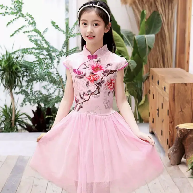 Summer Girls Hanfu Dress Kids Clothes Children Daily Party Traditional Chinese Tang Suit Floral Cheongsam Tulle Dresses