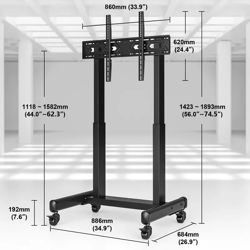 Electric TV Stand Mobile Floor Cart with Wheels Height Adjustable Rolling Base for 32 to 100 Inch Screens Heavy Duty Remote