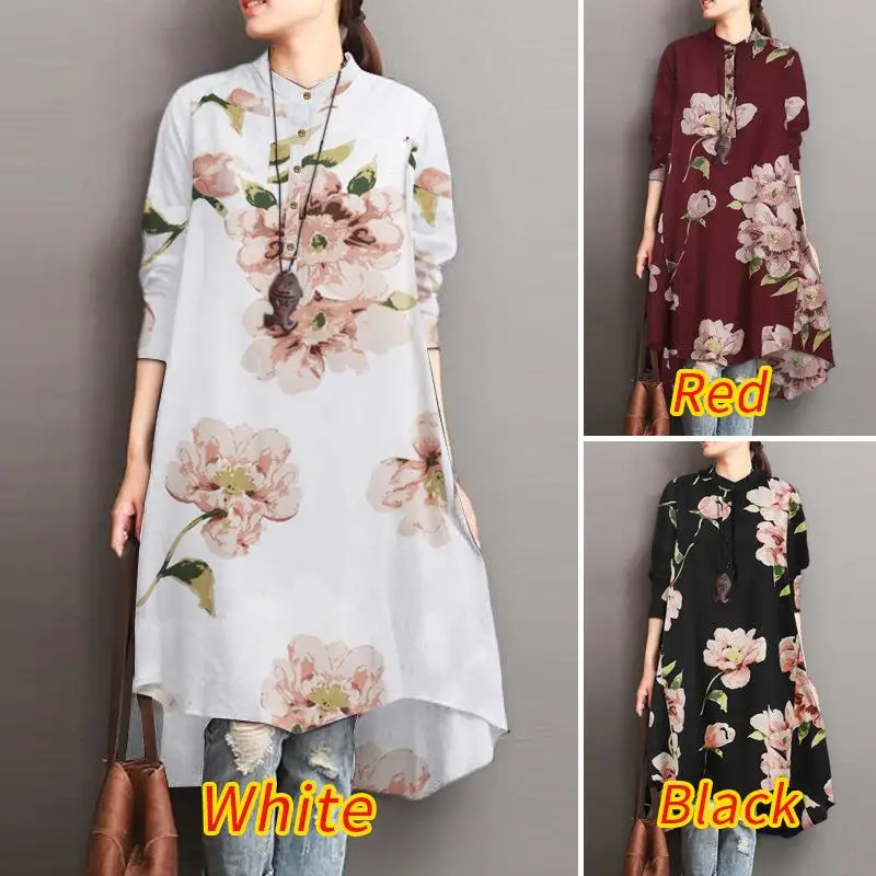 Women's Floral Print Button up irt Dr mid Length A-Line Skirt Polyester Fabric Long Sve Basic Sle Commute Sle