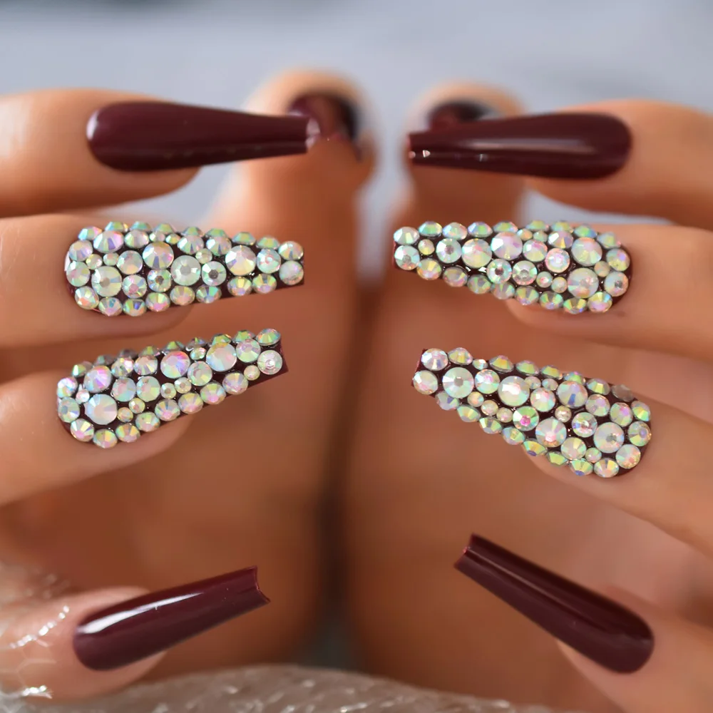 

Full Set Predesigned Fake Nail Art Tips Extra Long Maroon Red Tapered Ballerina Faux Ongles Press on nails