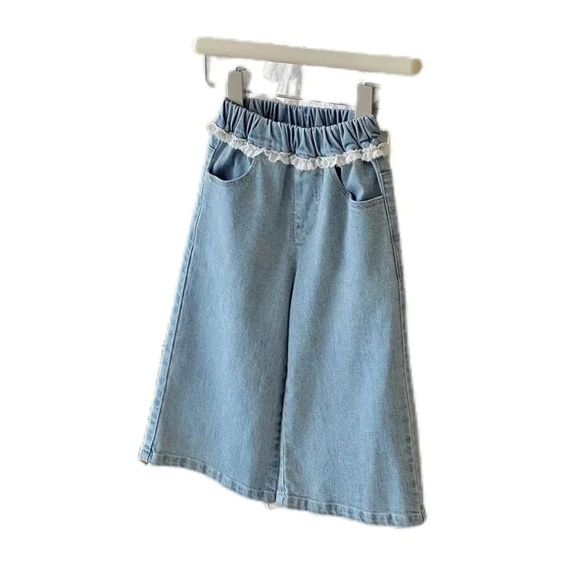 Girls Lace Straight Leg Jeans 2025 Spring autumn Children Clothing Pants Children Korean Wide Leg Denim Pants
