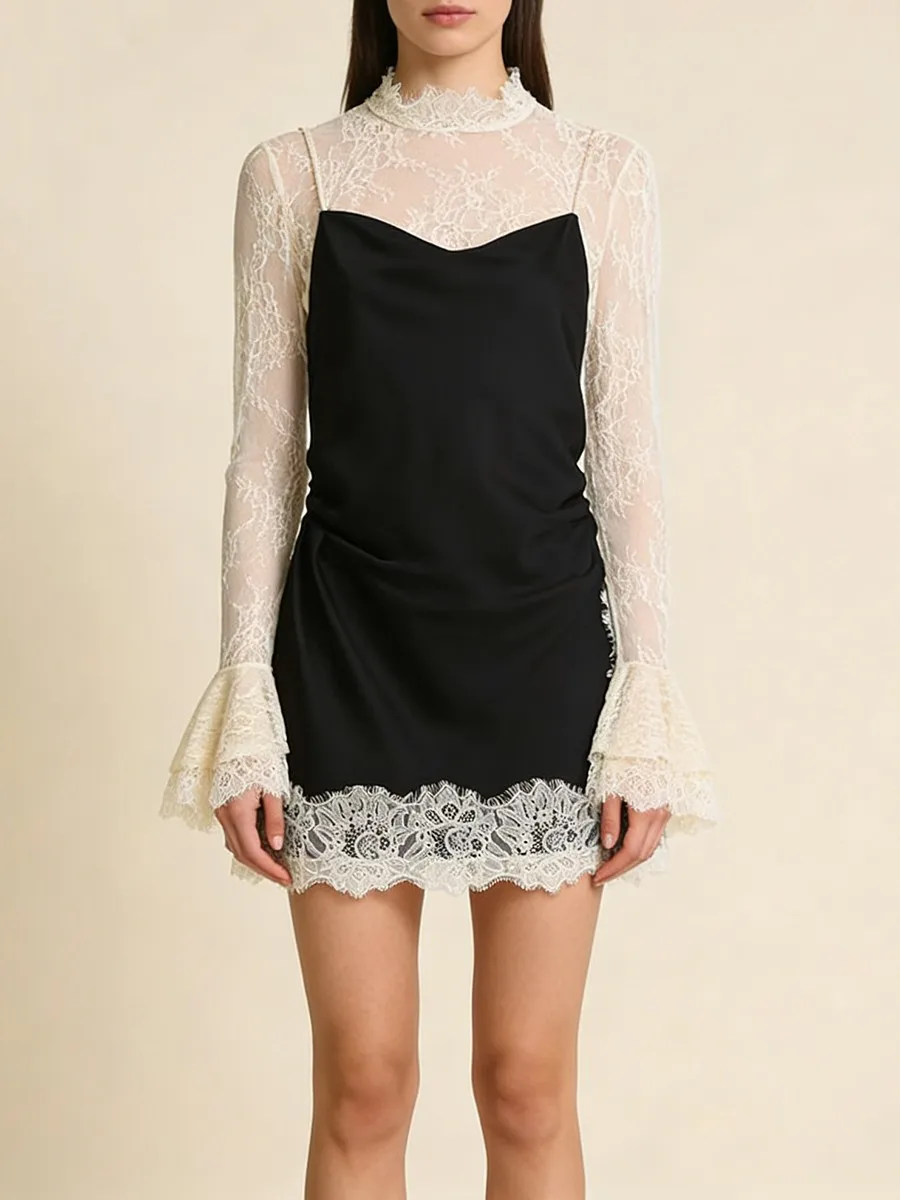 TWOTWINSTYLE Hit Color Embroidery Vest Dresses for Women Stand Collar Flare Sleeves High Waist Patchwork Sheer Lace Dress Female