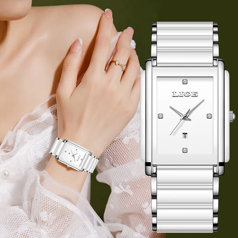 LIGE Luxury Quartz Woman Watch Elegant Square Fashion Ceramics Simple Diamond Date Ladies Wristwatch Romantic Birthday Gifts Box