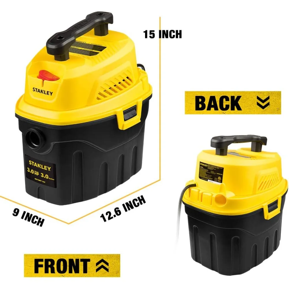 Wet/Dry, 3 Gallon, 3 Horsepower, Portable Car Vacuum, 3.0 HP AC, Black+Yellow, VERSATILE & POWERFUL, FARTHER CLEANUP