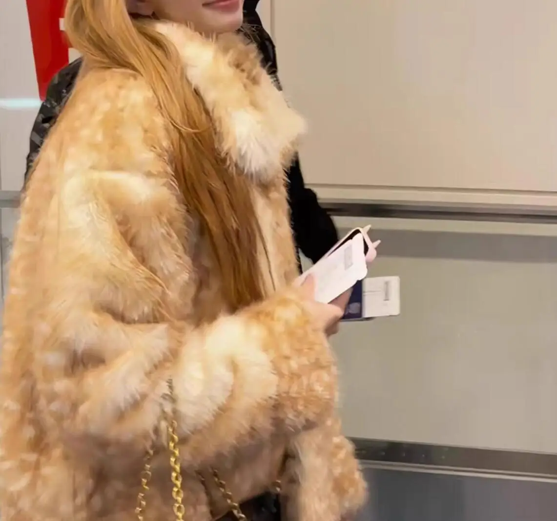 Winter Vintage Animal Deer Dot Hairy Shaggy Faux Fur Coat Women Lapel Collar Long Sleeve Furry Warm Jacket Loose Outerwear