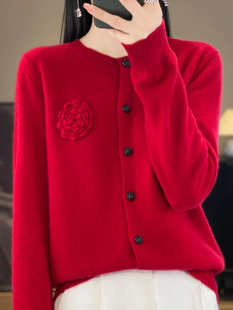 

Women Cashmere Sweater Rose Button Cardigan Autumn Winter 100% Merino Wool O-Neck Knitwear Female Grace Soft Fashion New Top