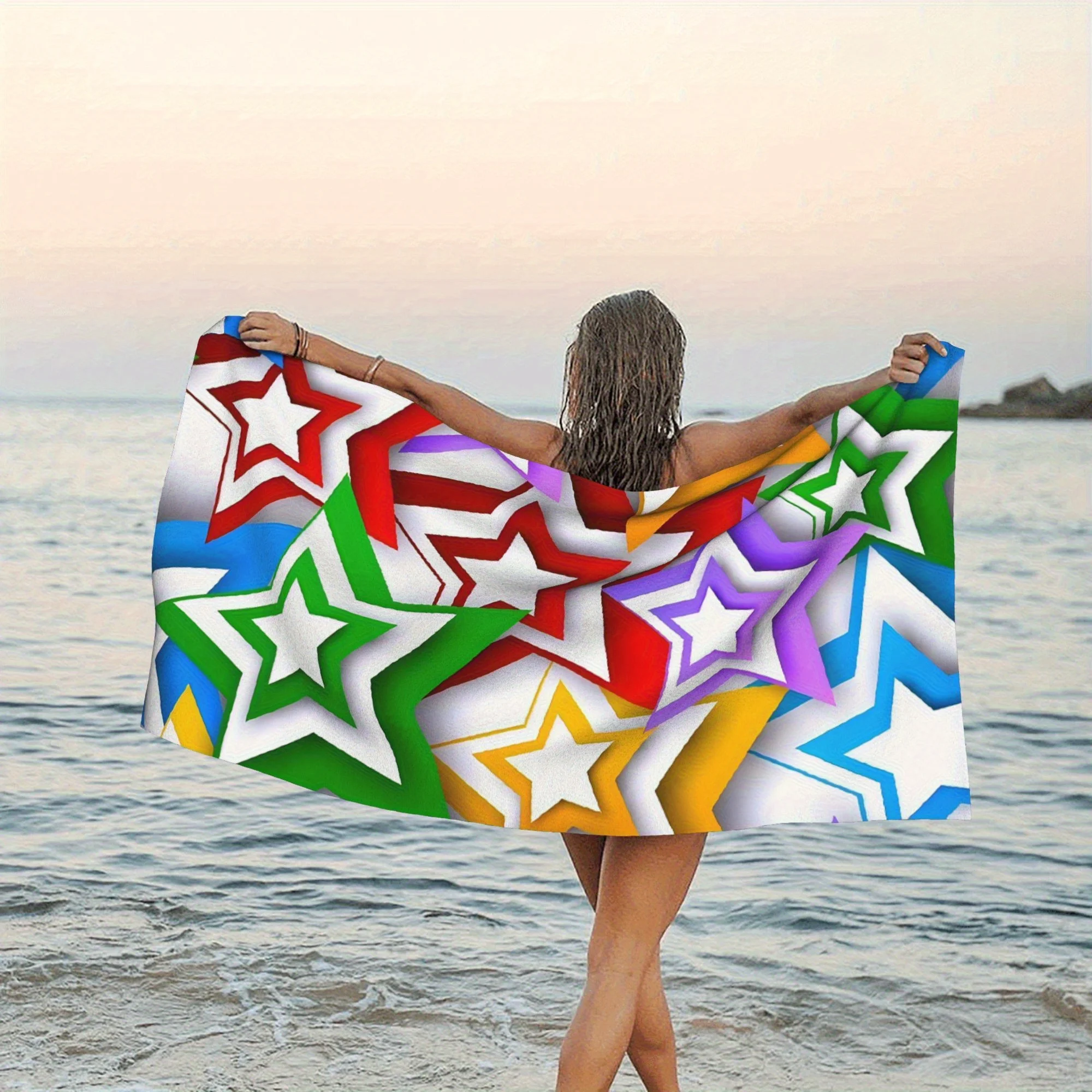 قطعة واحدة من من منشفة الشاطئ بتصميم نجمي ملون للسباحة على الشاطئ والعطلات والترفيه واللياقة البدنية، خفيفة الوزن وناعمة وسريعة الجفاف، مع Pri ممتع