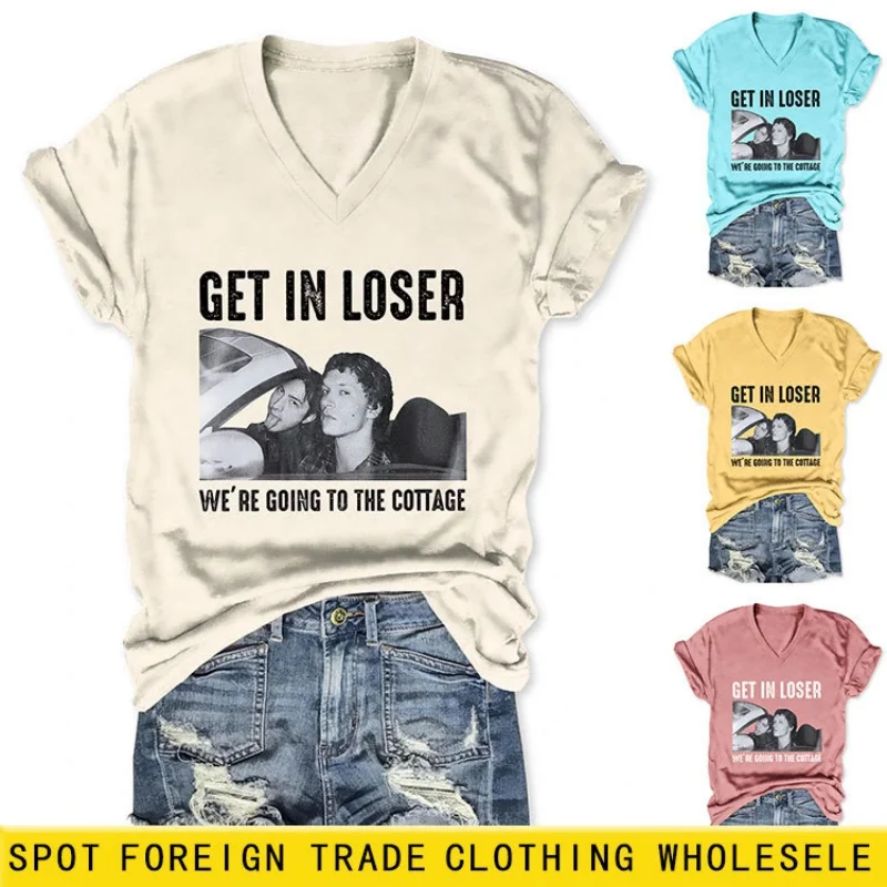 

Женская летняя футболка с V-образным вырезом и короткими рукавами, с принтом в виде букв "допамин", свободного кроя, стильная, высококачественная.