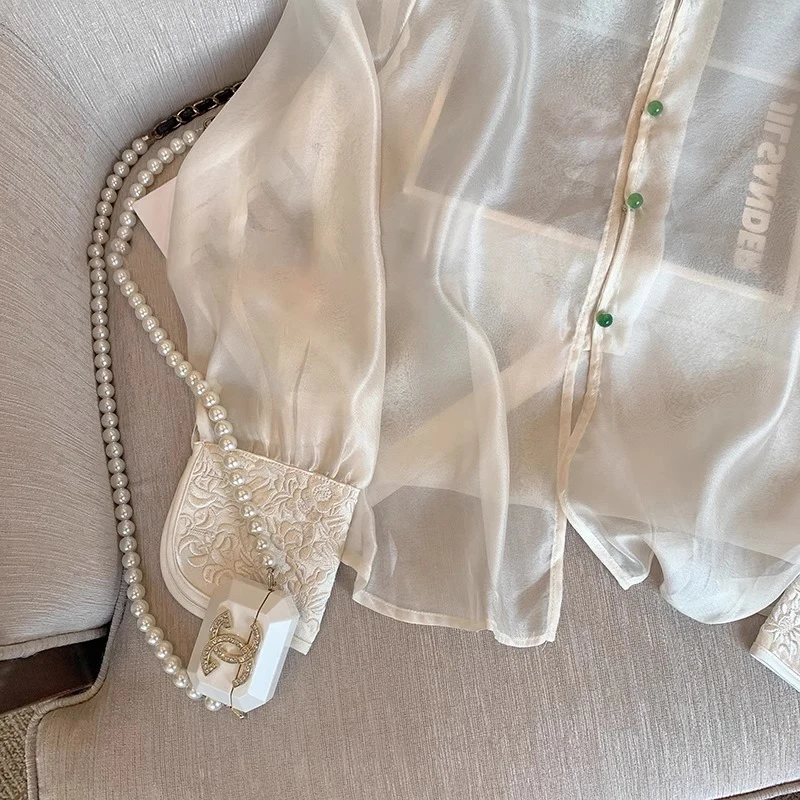 Nowa chińska bluzka z haftem, europejski tiul, damska, wiosenno-jesienna, luksusowa, retro, lekka, luźna, zapinana na guziki, długa bluzka.