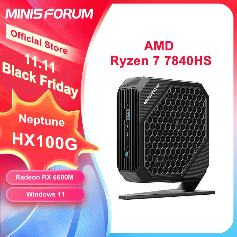 MinisForum HX100G PC Mini Windows 11, komputer Desktop Mini PC AMD Ryzen 7 7840HS RX 6600M DDR5 32GB 1TB SSD 8K USB4