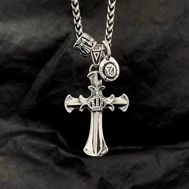 

Silver Crown Cross Necklace for Men Trendy Personality Hip Hop Style Collarbone Chain Imitation Thai Silver Men's Pendant
