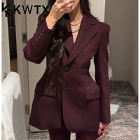 KWTX Elegant Burgundy Women's Long Sleeve Pockets Slim Coats New Single Breasted Blazer Female Jacket 2025 Street Lady Overcoat