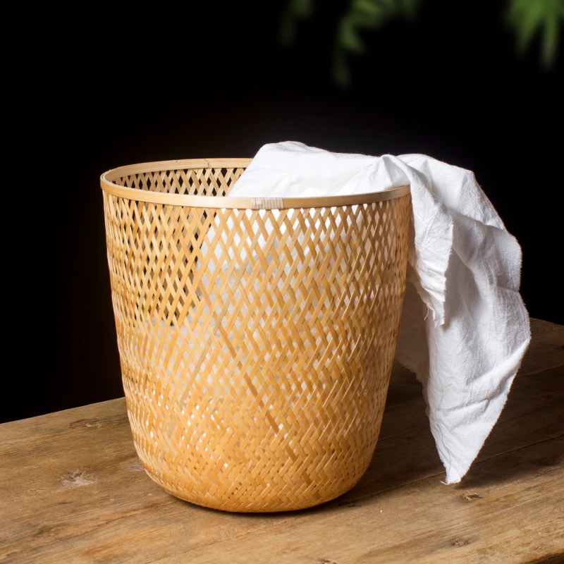 Handmade Bamboo Trash Can, Household Desk Storage Basket, Flower Basket, Vintage Painting and Calligraphy Basket