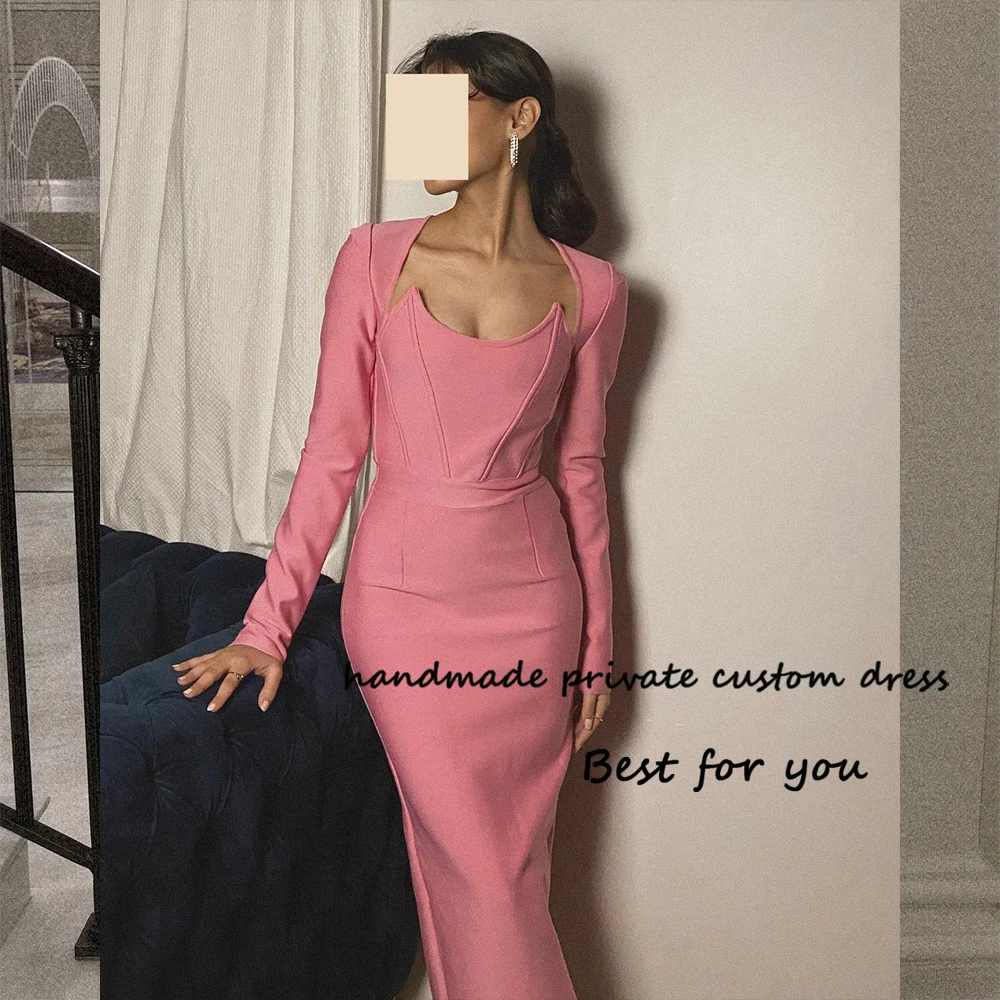 

Pink Satin Mermaid Evening Dresses Long Sleeve Square Neck Prom Party Dress Floor Length Arabic Formal Occasion Gowns