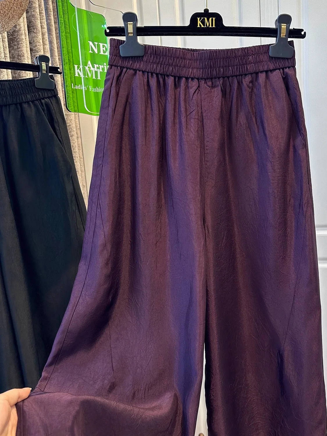 กางเกงขายาวทรงตรงเอวสูงไซส์ใหญ่สำหรับผู้หญิง ผ้าเนื้ออื่นๆ สไตล์ลำลองหลวมๆ เอวยางยืด รุ่นใหม่ประจำฤดูร้อน