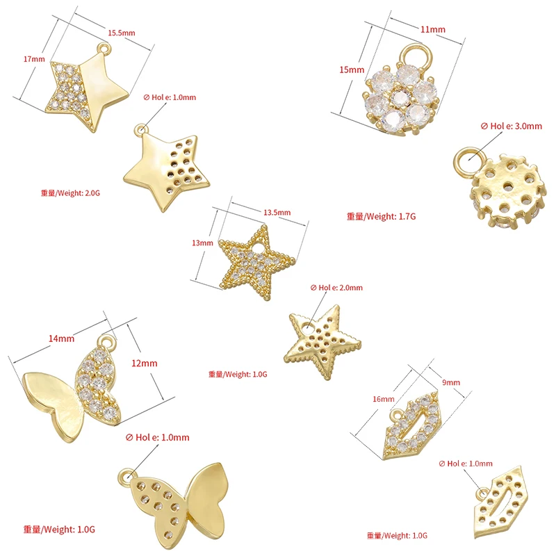 2Pcs/lot,Gold Colour Star/Butterfly/Lip-Shaped Charms CZ Crystal Pendants for DIY Handmade Jewelry Making Accessories:VD819