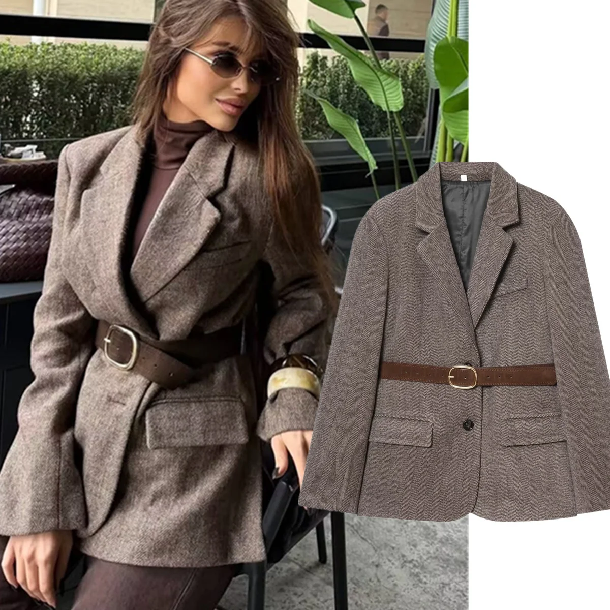 

Jenny&Dave Winter Woman CLothing Woolen Jacket With Belt Minimalist French Elegant Casual Suit Texture Women's Jacket Blazer Top