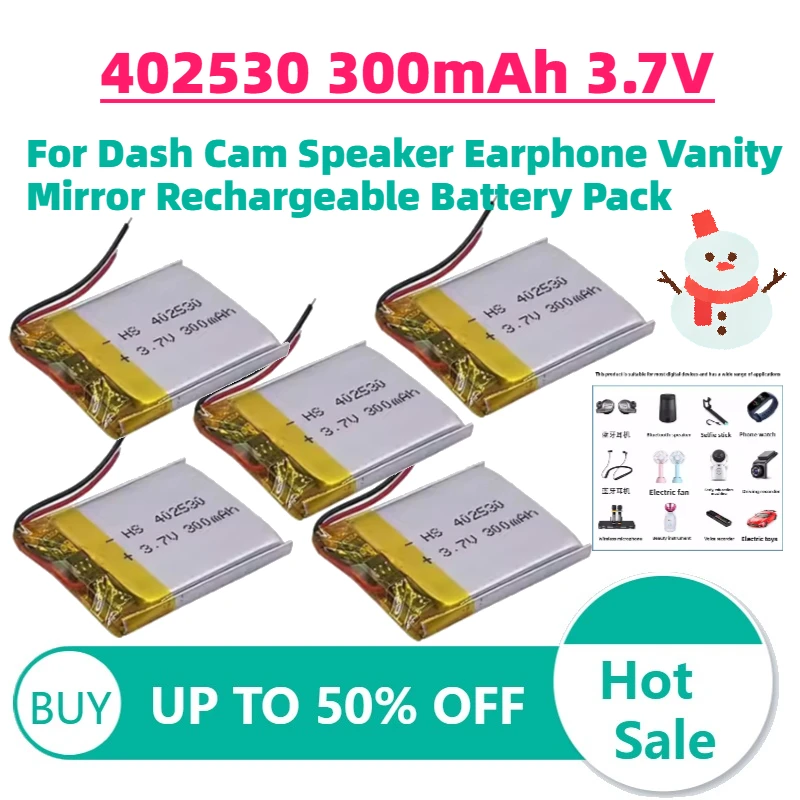 

In Stock Polymer Lithium Battery 5PCS 402530 300mAh 3.7V for Dash Cam Speaker Earphone Vanity Mirror Rechargeable Battery Pack