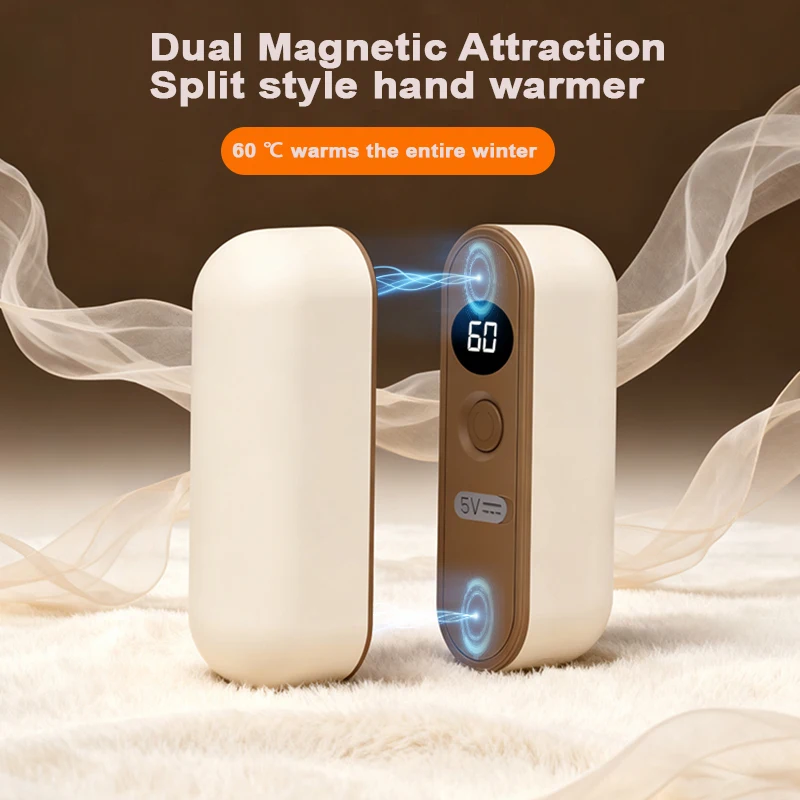 Split style hand warmer with magnetic suction and LCD display for temperature independent heating, changing from one to two view 4
