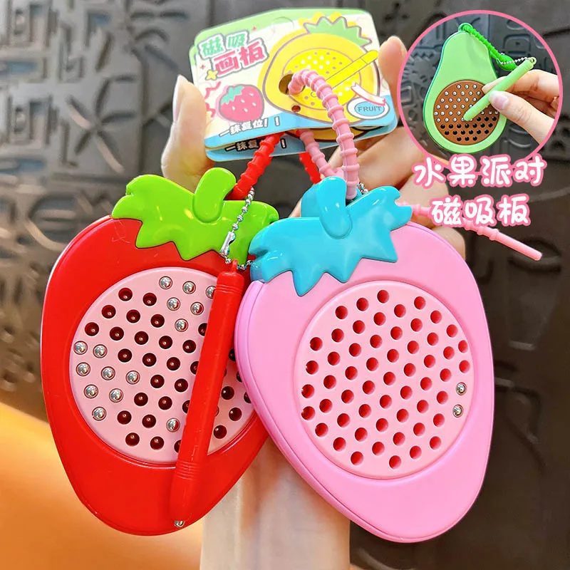 Fun Simulation Fruit Stress Relief Magnetic Drawing Board Keychain Pendant Cute Strawberry Pineapple Drawing Board  Party Gift