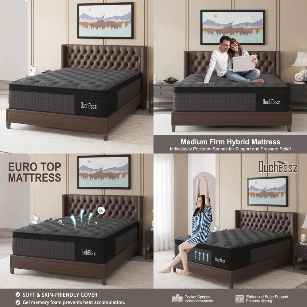 Medium Firm 14 Inch Gel Memory Foam Hybrid Mattress with Pocketed Innerspring and Euro Top for Comfortable Sleep