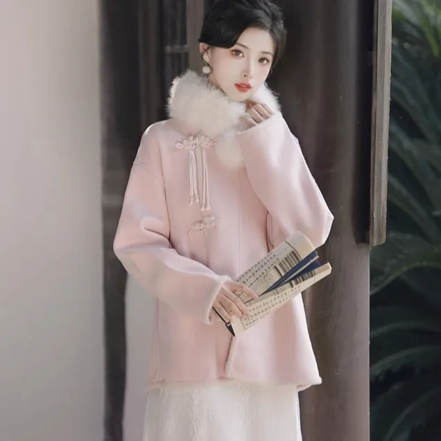 

Новое китайское женское шерстяное пальто с воротником-стойкой и пуговицами, розовое, весенне-осеннее, с завышенной талией, модный комплект.