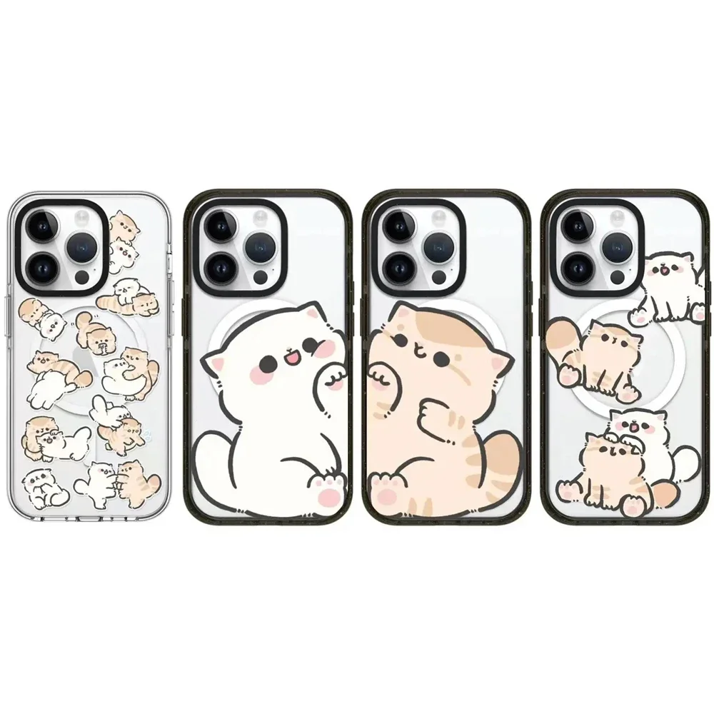 

Cute White Brown Cat 2.0 Acrylic Black Border Magnetic iPhone 12 13 14 15 16 Pro Max Protective Case with MagSafe