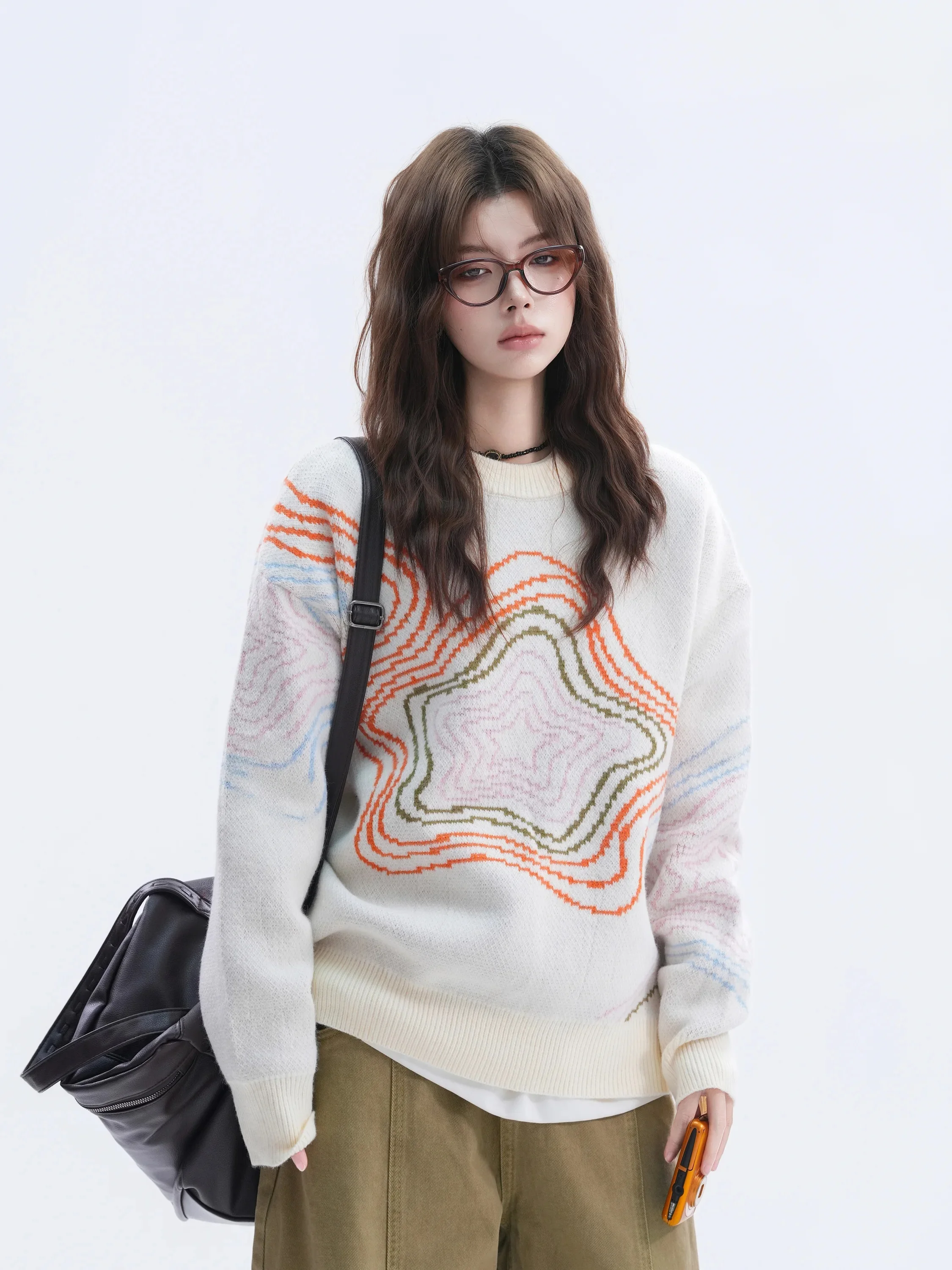 American Retro Geometric Star round Neck Knitted Sweater Women's Loose Warm Fashionable Autumn Winter Casual Style Long Sleeve