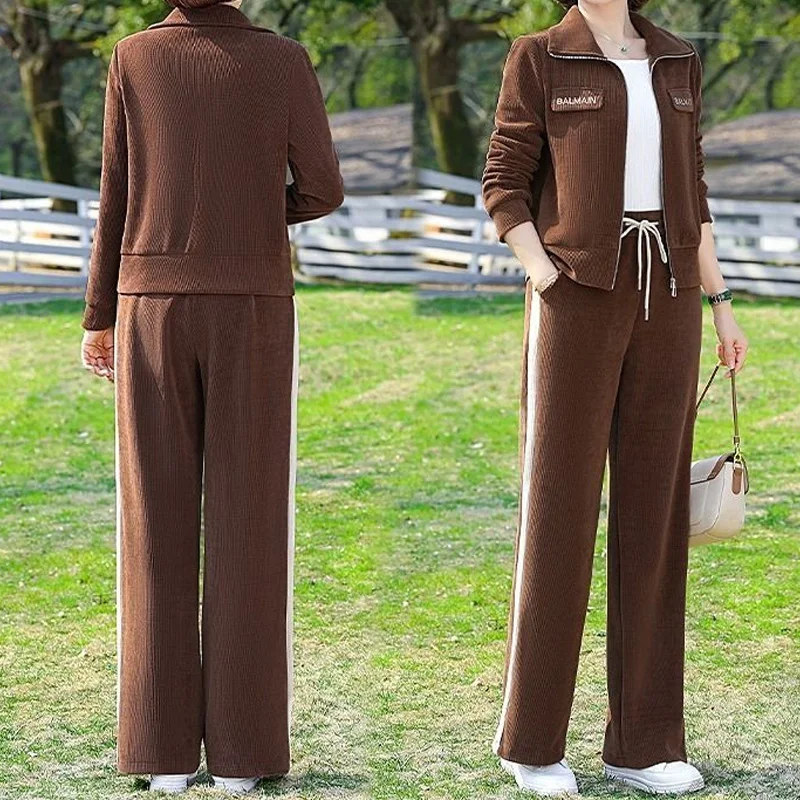 

Office Lady Simplicity Casual Loose Solid Women's Clothing Zipper Lacing Drawstring High Waist Two-piece Suit Wide Leg Pants