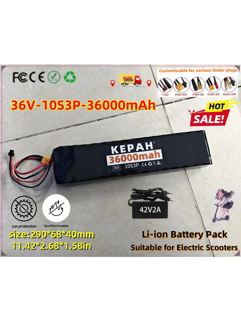 Batterie au Lithium Rechargeable pour Scooter électrique 10S3P 36V 36Ah, batterie Li-ion 18650 500W, chargeur, avec BMS,XT60 XT30 JST