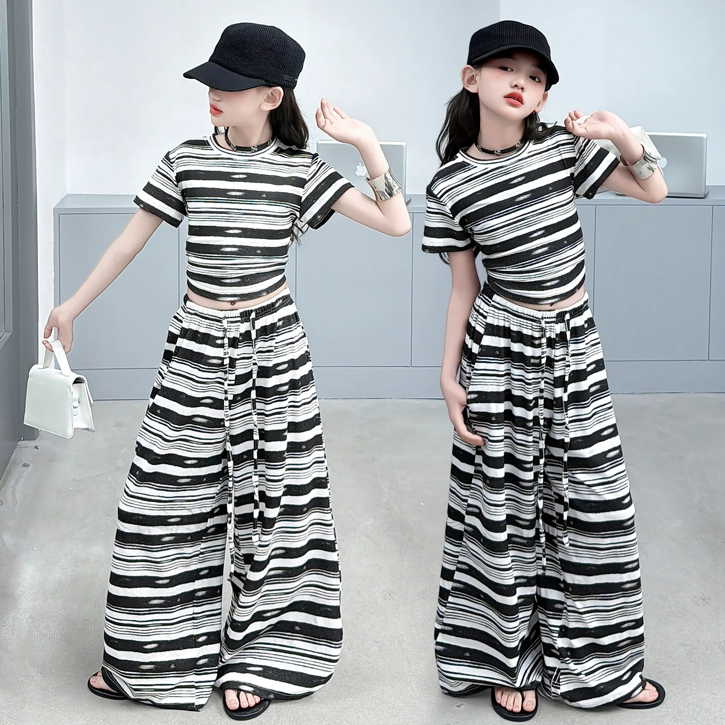 Children Spring Summer Clothes For Kids Girls Arrival Striped Short Sleeve Top And Bottom Clothing Suit School Outfit 5-14Years
