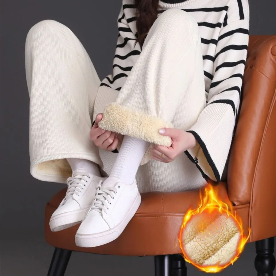 Plus Velvet Women's Pants 2024 Winter Wide Leg Pants for Women Thicken Lamb Women Pants Korean Baggy Pants Woman Elegant Pants