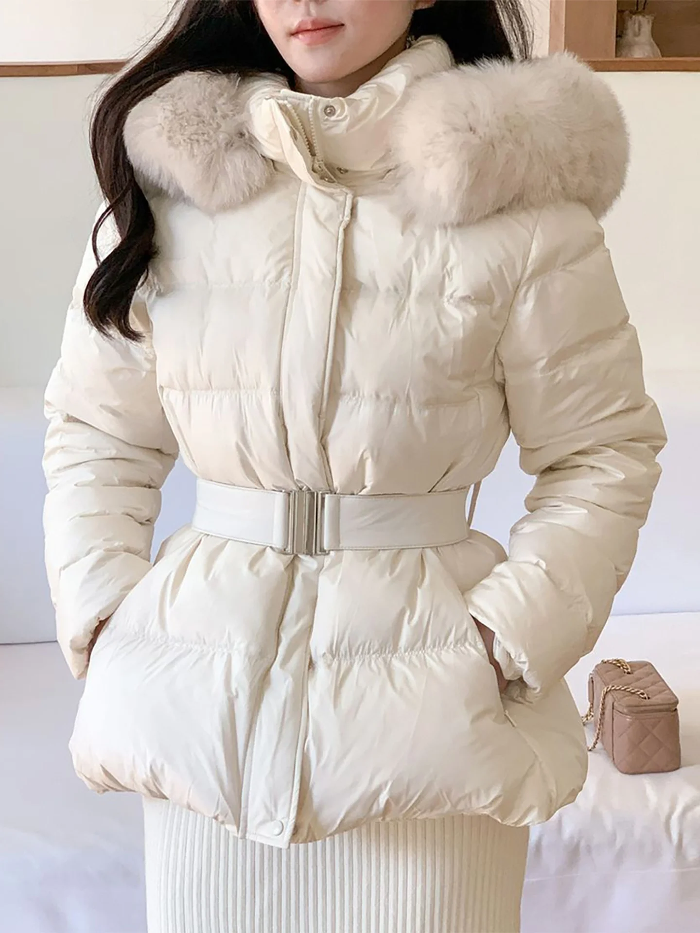 

Белое утепленное пуховое пальто для женщин: модное зимнее пальто с поясом, теплое, приталенное, верхняя одежда