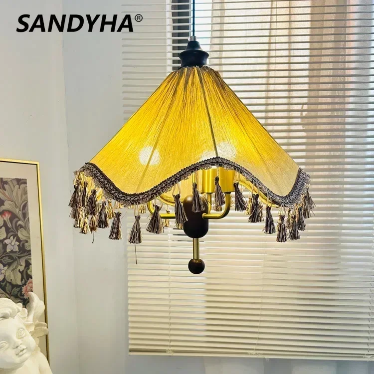 

French Tassel Pendant Lights Retro Fabric Patterned Ceiling Chandelier Living Room Bedroom Bedside Lamp Dining Table Lighting