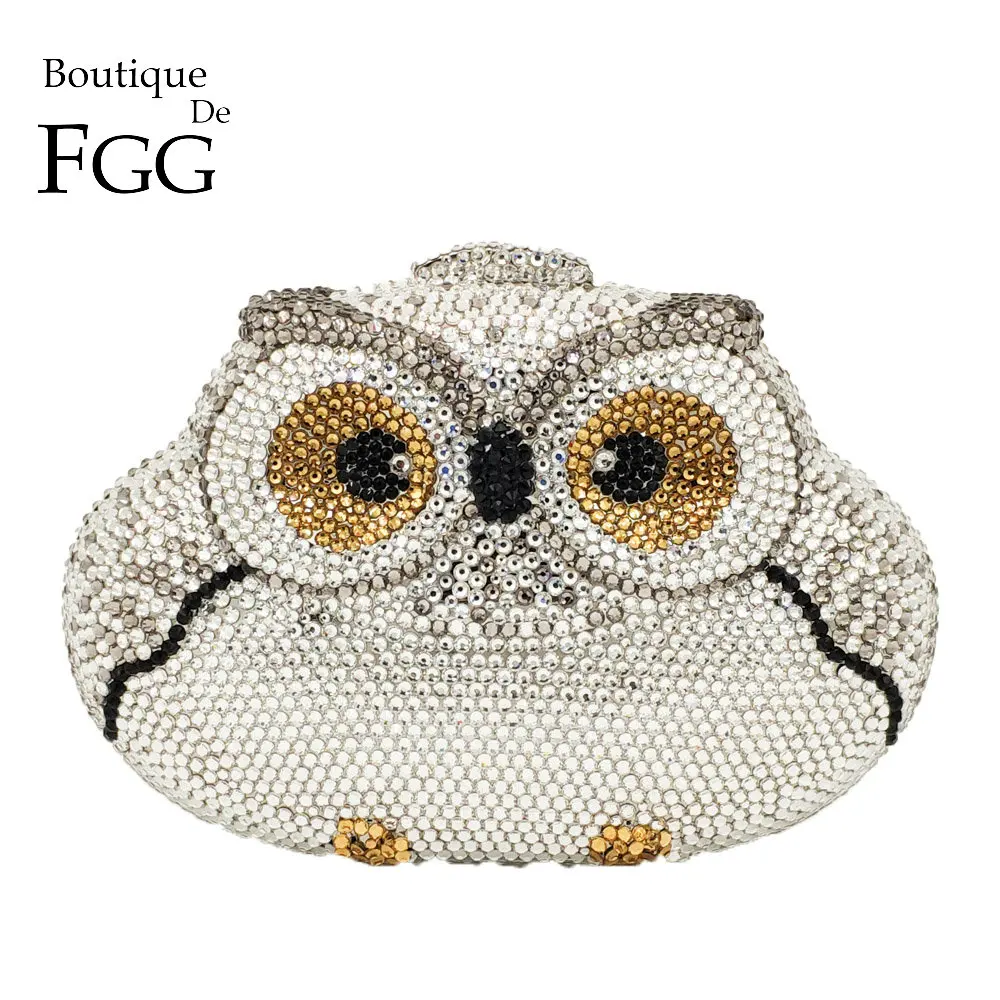 

Boutique De FGG Dazzling Silver Owl Clutch Women Crystal Evening Bag Wedding Cocktail Party Diamond Minaudiere Handbag and Purse