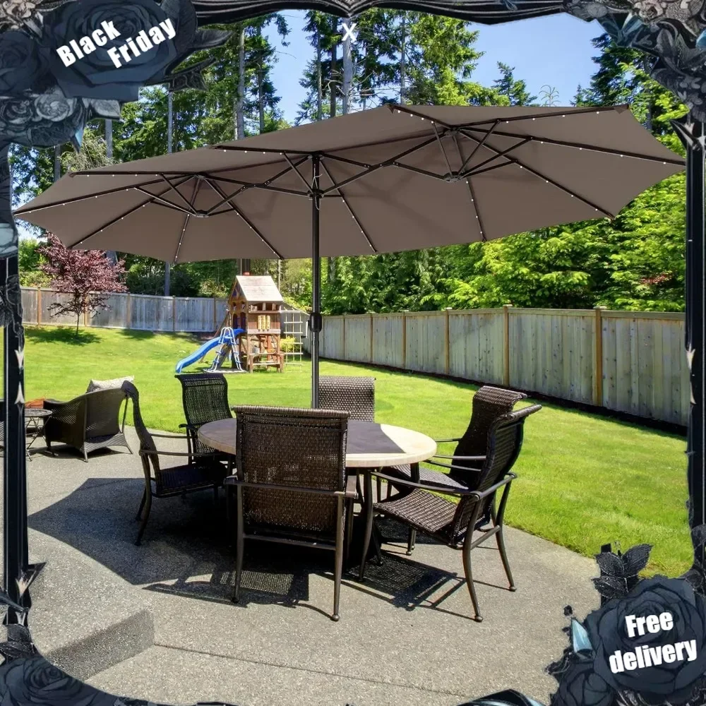 15ft Large Outdoor Umbrella Double-Sided, 48 Solar Lights, Auto-Charging Solar Panel, Extra Large Patio Umbrella