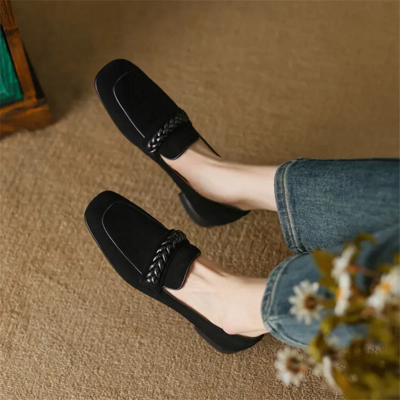 NEW Spring Sheep Suede Loafers Women Shoes Female Square Toe Pumps French Elegant Summer Shoes for Women Zapatos Para Mujer