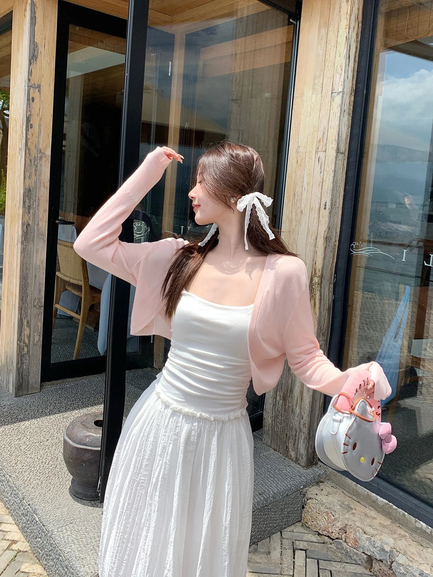 

Pink Ice Silk Knitted Open Cardigan Women's Summer Thin Loose Sunshade Shirt Top Sweet Style Regular Fit Long Sleeve Short Le...