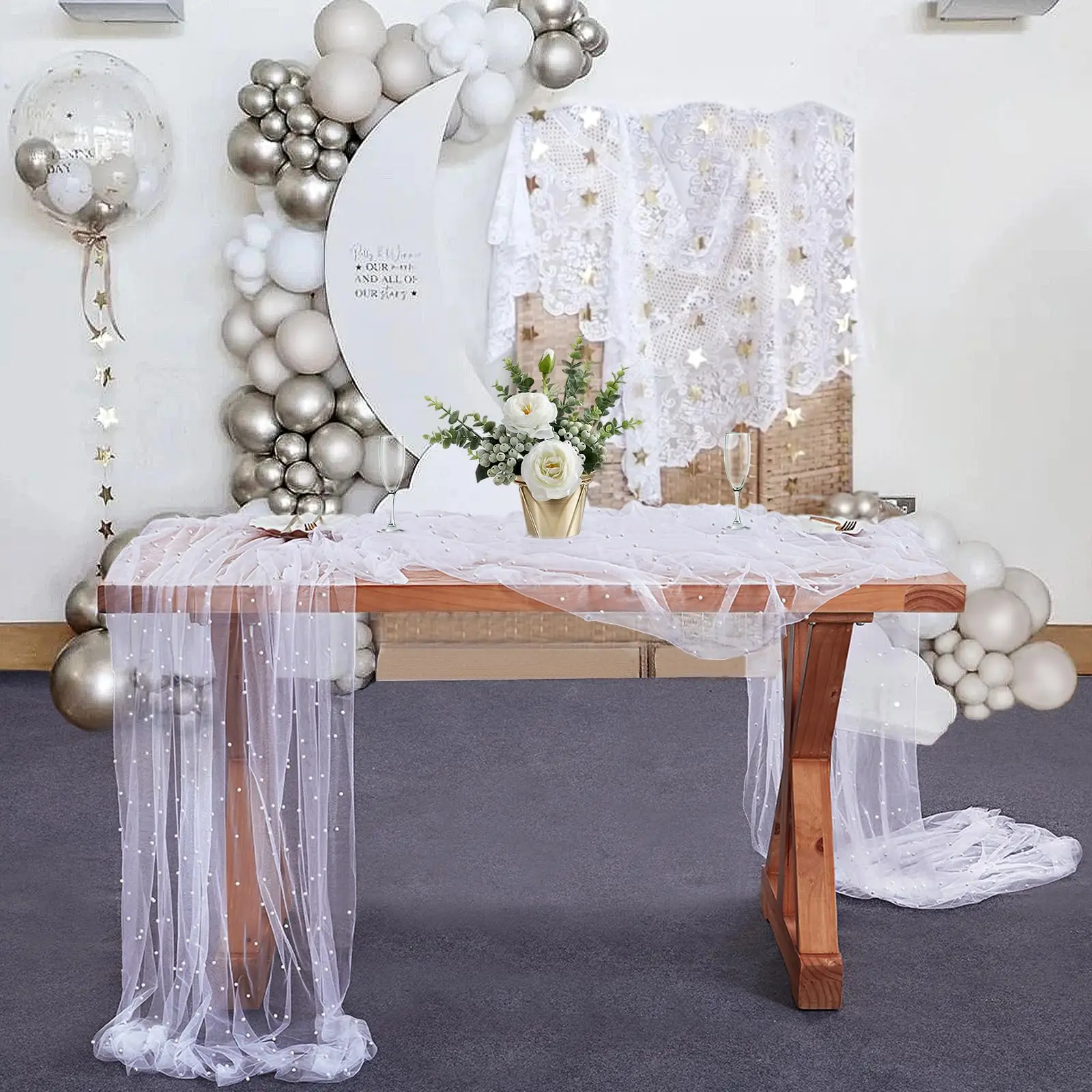 White Tulle Table Runner Pearl Tulle Tablecloth White Tablecloth Wedding Veil Fabrics for Wedding Arch Dessert Table Decorations