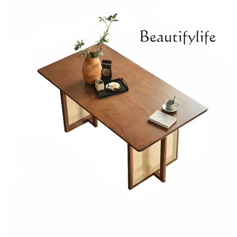 N17 Country Retro Solid Wood Dining Tables and Chairs Set Household Minimalist Modern Rattan Walnut Dining Table