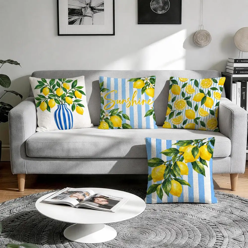 Fresh Lemons Chic Cushion Cover 1/4Pcs Linen Throw Pillow Covers Double-Side Print Sofa Couch Living Room Decor