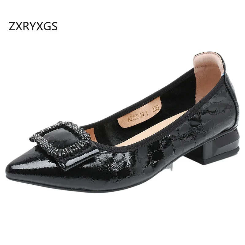ZXRYXGS Premium Cowhide Pointed Bow Elegance Fashion Low Heels 2025 New Autumn Genuine Leather Trendy Shoes Women Large Size 43
