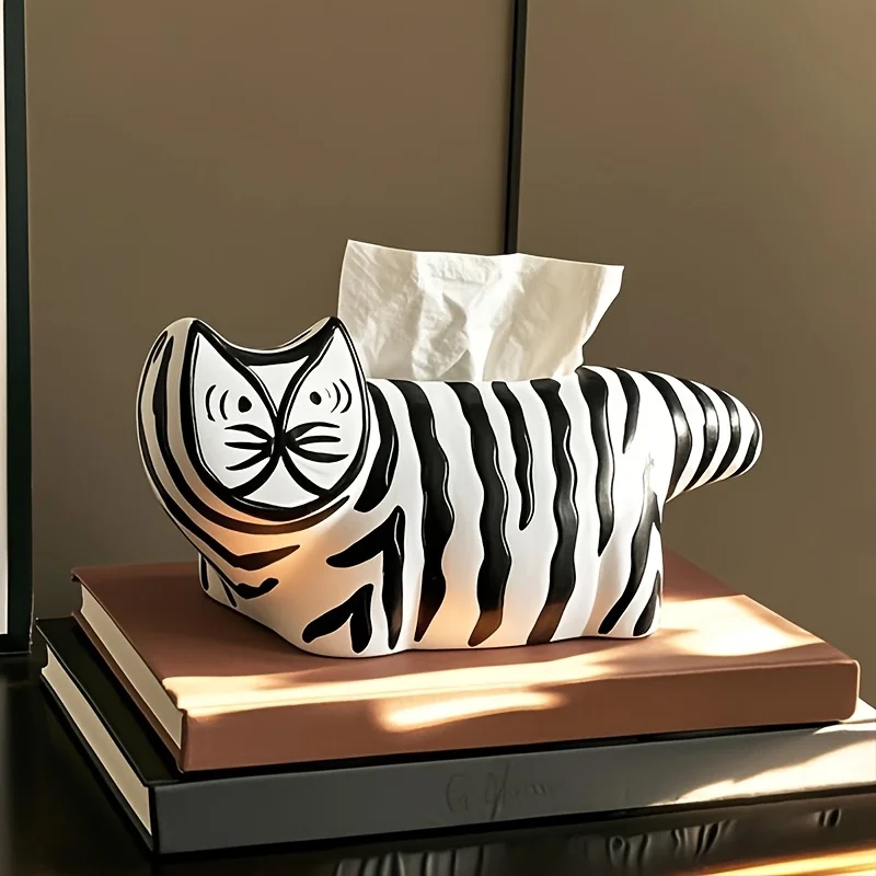 

Modern Cartoon Black White Striped Flat Face Cat Figurine Home Decor Living Room Desktop Ornament