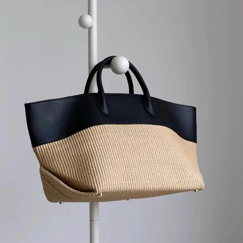 Retro Straw Woven Tote Bag Women Black Patchwork Large Capacity Handbag Ladies Casual Commute Vacation Travel Shoulder Bags 2026