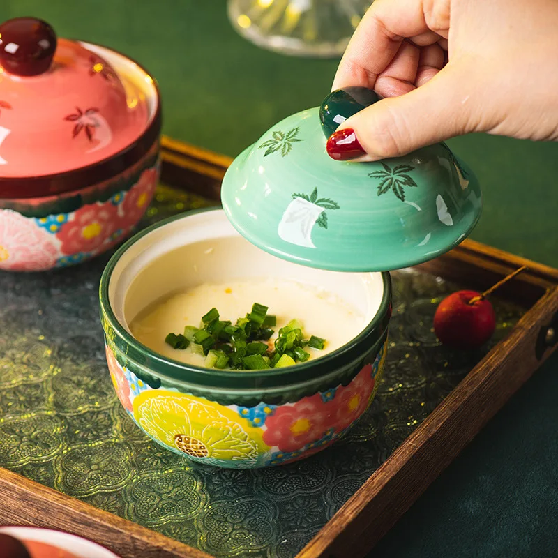 

Ceramic Sted Egg Bowl Microwave Oven Roasting Bowl Air Fryer Rice Bowl with Lid Household Slow Cooker Dessert Bowl Soup Pots