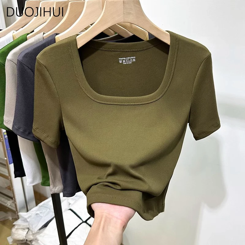 DUOJIHUI Green Sweet Square Neck Slim Waist Female T-shirts Summer Basic Solid Color Fashion Office Ladies Casual Women T-shirts