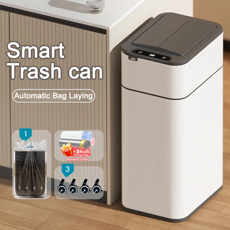 

Smart Trash Can with lid 15L/20L Stainle Steel Large Kitchen Dustbin Sensor Automatic Bagging Trash Bin Home Rectangular Two-way