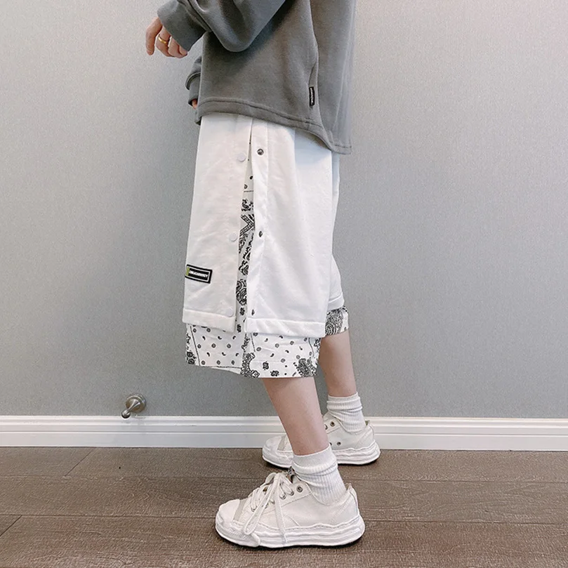 Men\'s Double Layer Breasted Bandana Shorts Spring Summer High Street Pants Oversize Paisley Harajuku Hip Hop Trousers 2023