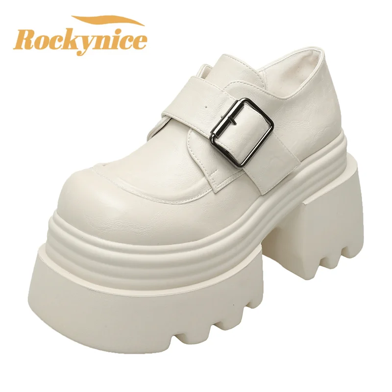 10CM Heels Buckle Casual Leather Shoes New 2025 Spring Women Chunky Sneakers Comfortable Pumps High Platform Walking Shoes Woman